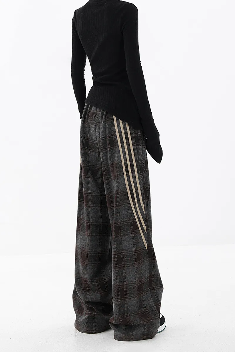 Baggy Plaid Patchwork Wide-Leg Drawstring Pants - Fleece & Unlined