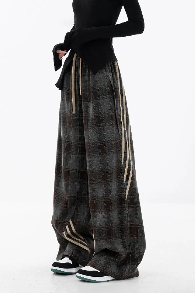 Baggy Plaid Patchwork Wide-Leg Drawstring Pants - Fleece & Unlined