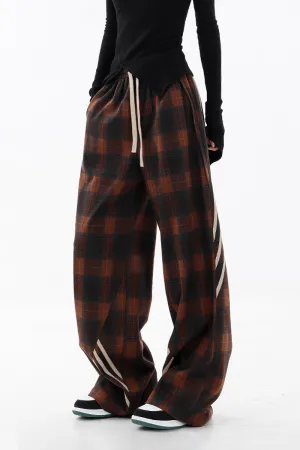 Baggy Plaid Patchwork Wide-Leg Drawstring Pants - Fleece & Unlined
