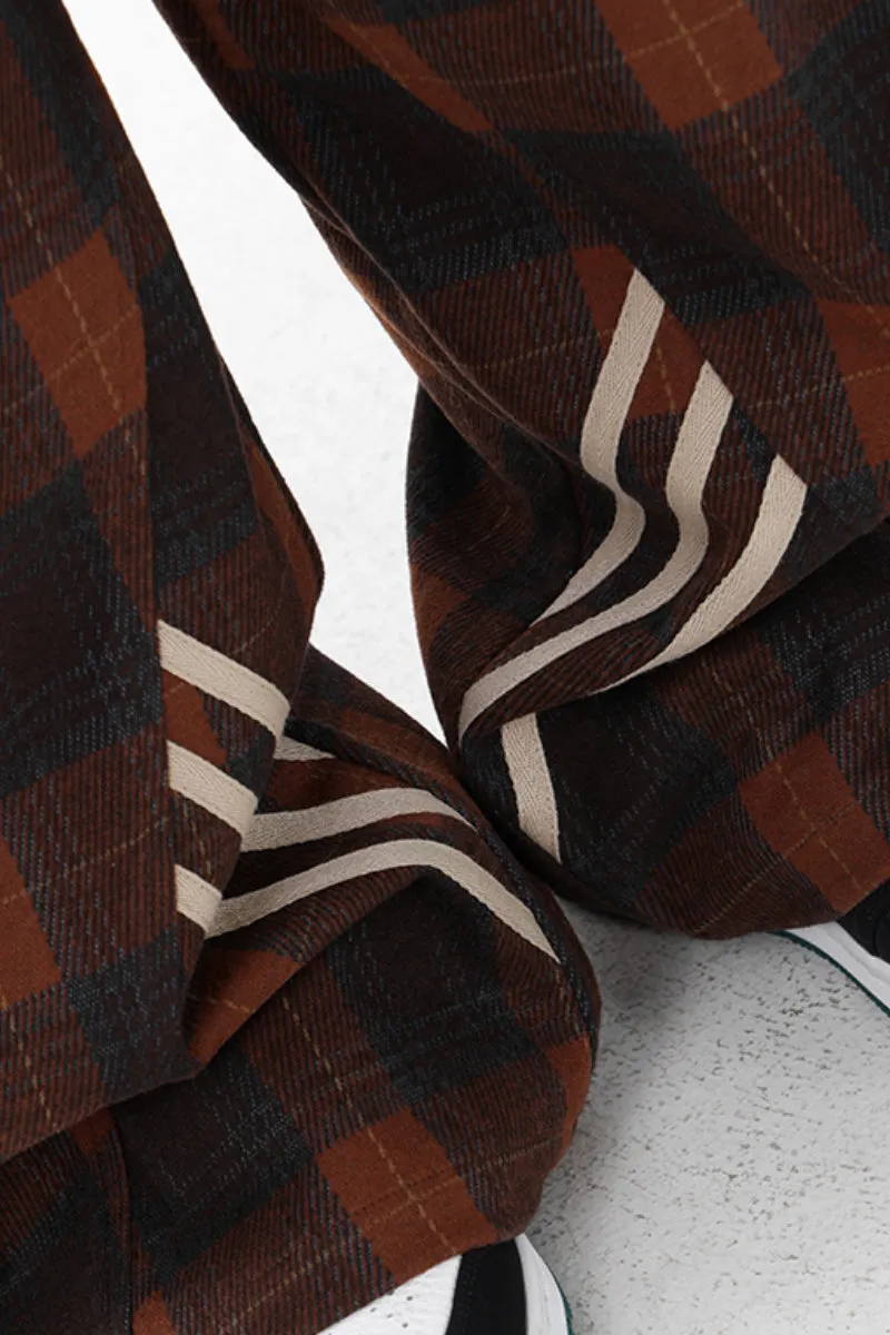 Baggy Plaid Patchwork Wide-Leg Drawstring Pants - Fleece & Unlined