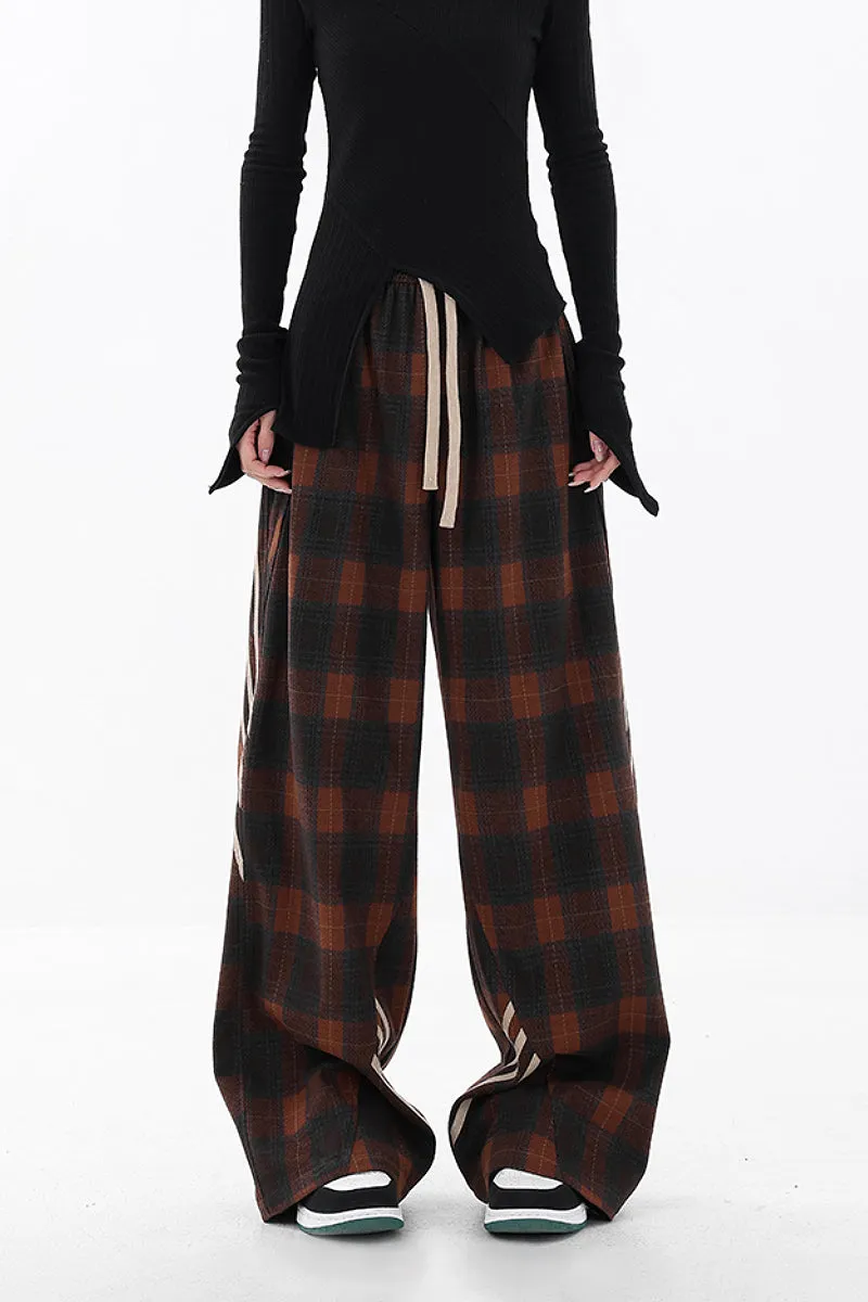 Baggy Plaid Patchwork Wide-Leg Drawstring Pants - Fleece & Unlined