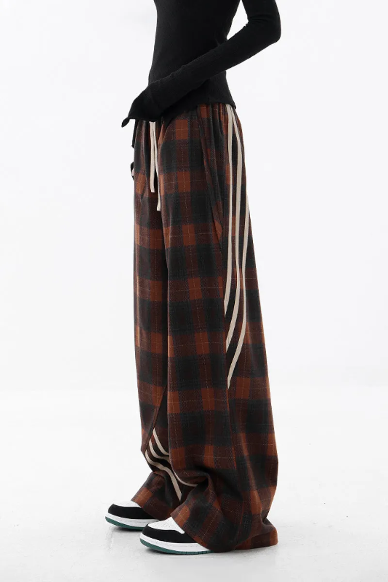 Baggy Plaid Patchwork Wide-Leg Drawstring Pants - Fleece & Unlined