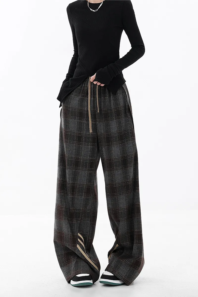 Baggy Plaid Patchwork Wide-Leg Drawstring Pants - Fleece & Unlined