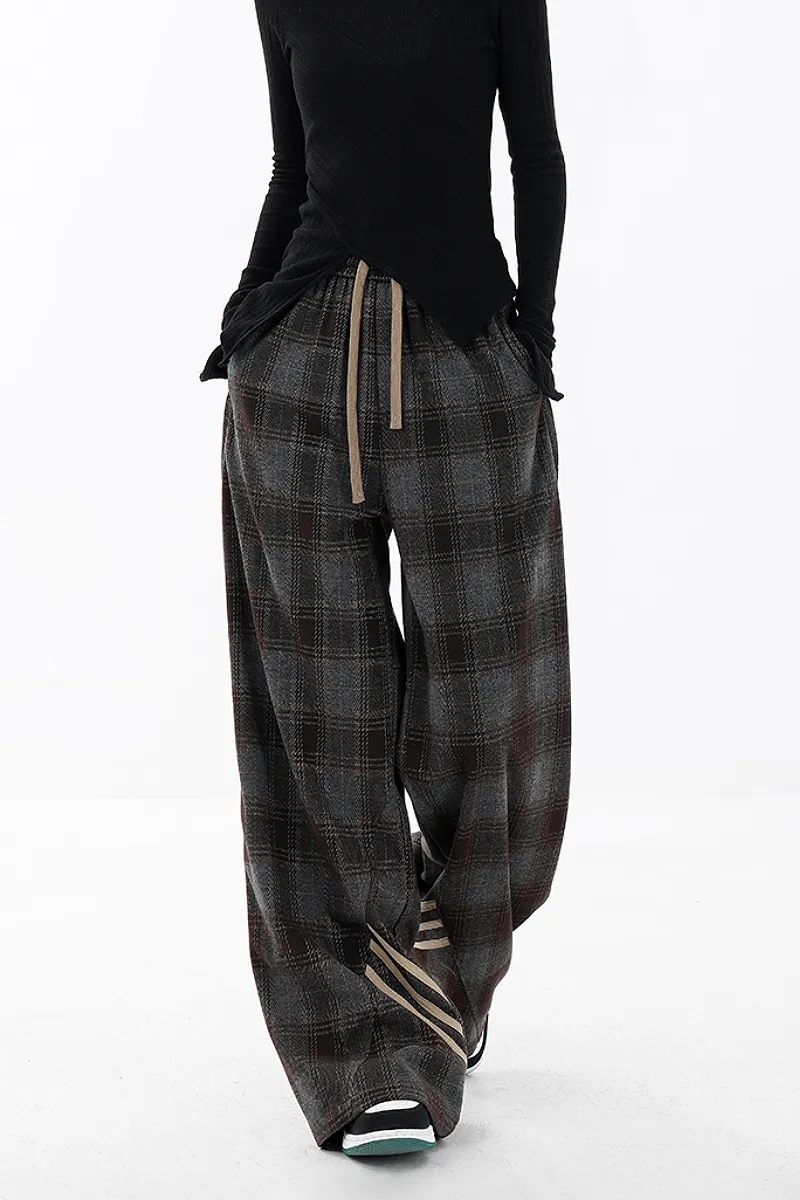 Baggy Plaid Patchwork Wide-Leg Drawstring Pants - Fleece & Unlined