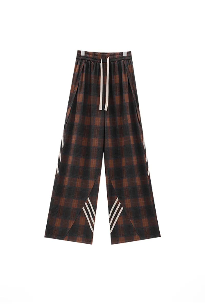 Baggy Plaid Patchwork Wide-Leg Drawstring Pants - Fleece & Unlined