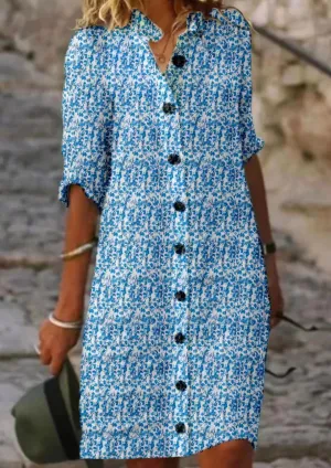 Blue Floral Printed Plain Cotton Casual Dress
