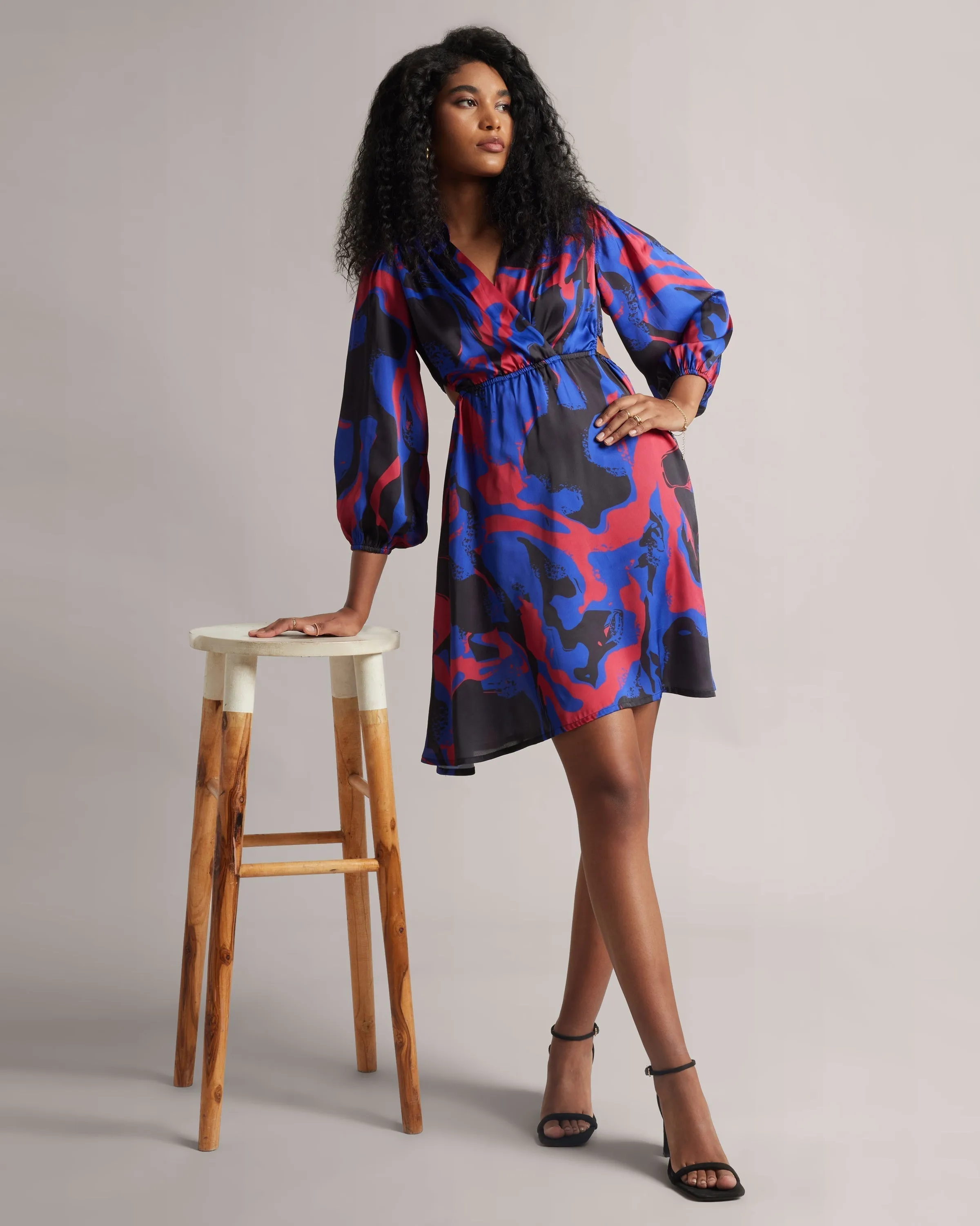 Blue Satin Abstract Print Mini Dress