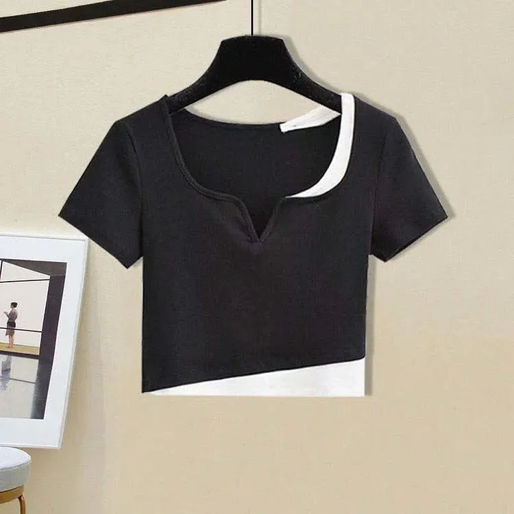 Chic Colorblock Crop Top T-Shirt Casual Pants Two Piece Set