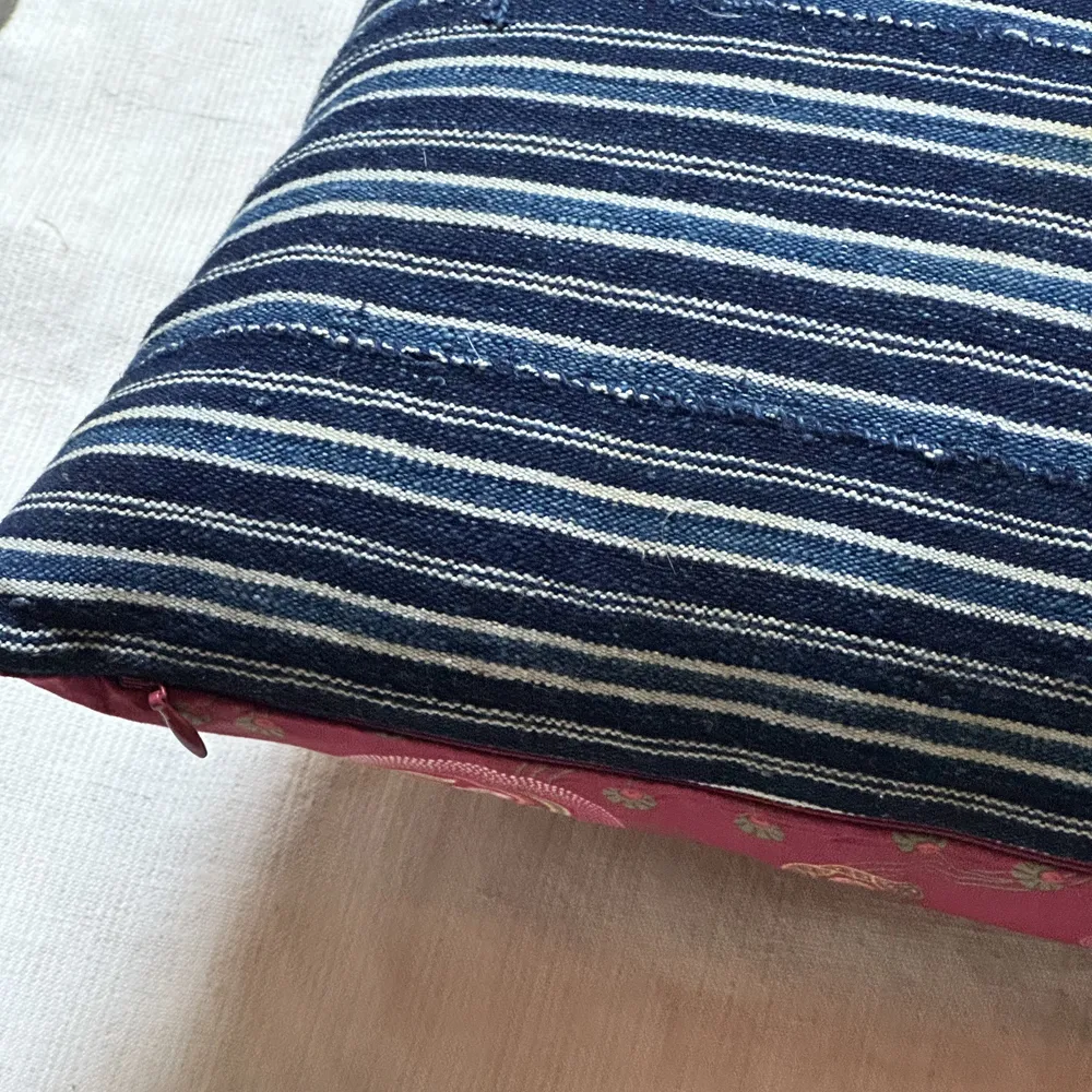 Custom Décors Barbares "Aurel Rose" Pillow with Vintage African Indigo Backing (#53)