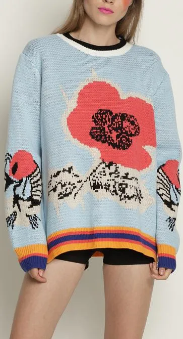 Floral-Print Contrast-Stripe Knit Sweater