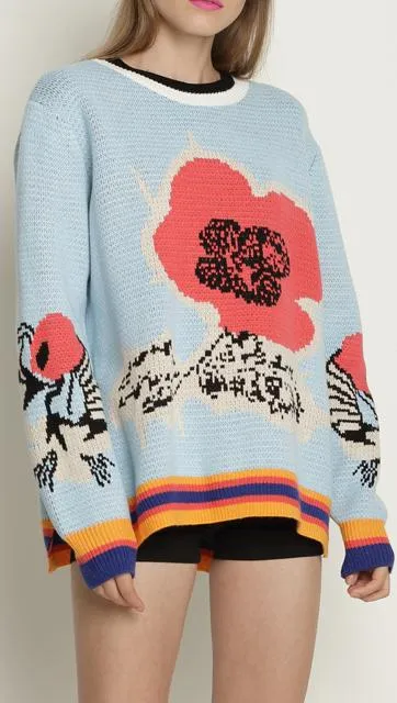 Floral-Print Contrast-Stripe Knit Sweater