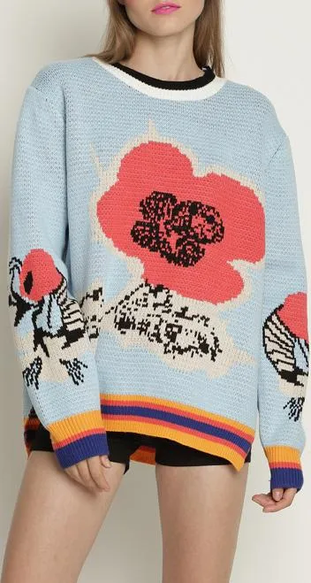 Floral-Print Contrast-Stripe Knit Sweater