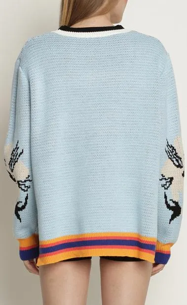 Floral-Print Contrast-Stripe Knit Sweater
