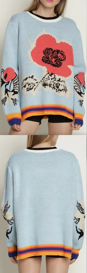 Floral-Print Contrast-Stripe Knit Sweater