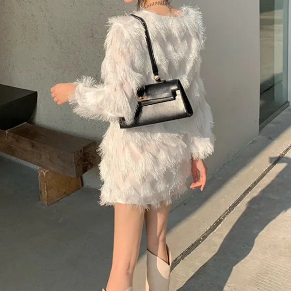 Fringe Long Sleeve Dress With Round Neck And Belt
