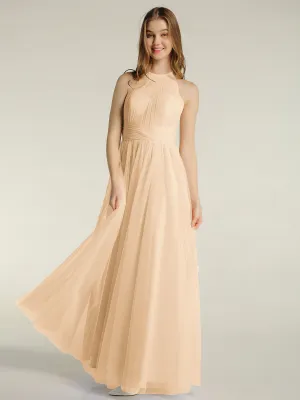 Illusion Neck Corss Waist Tulle Dresses-Peach