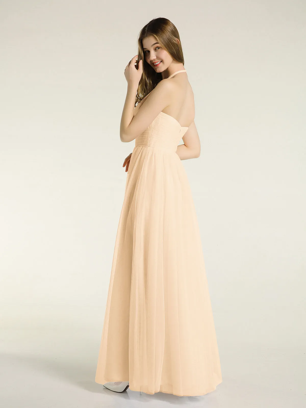 Illusion Neck Corss Waist Tulle Dresses-Peach
