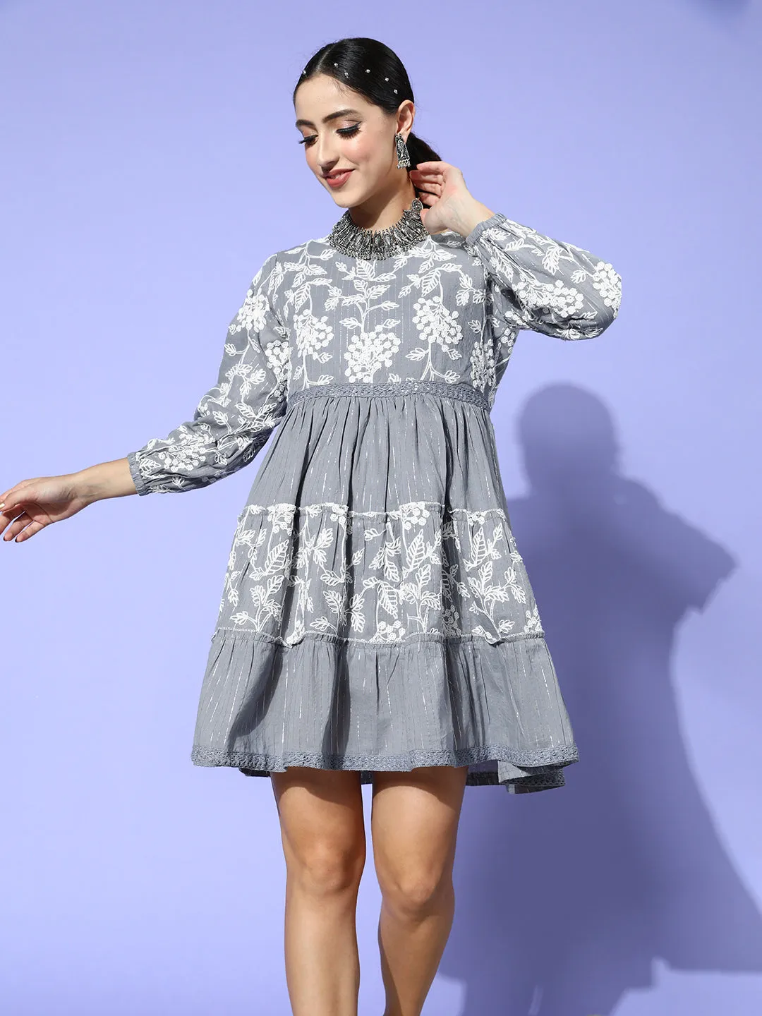 Ishin Women's Cotton Grey Embroidered A-Line Dress