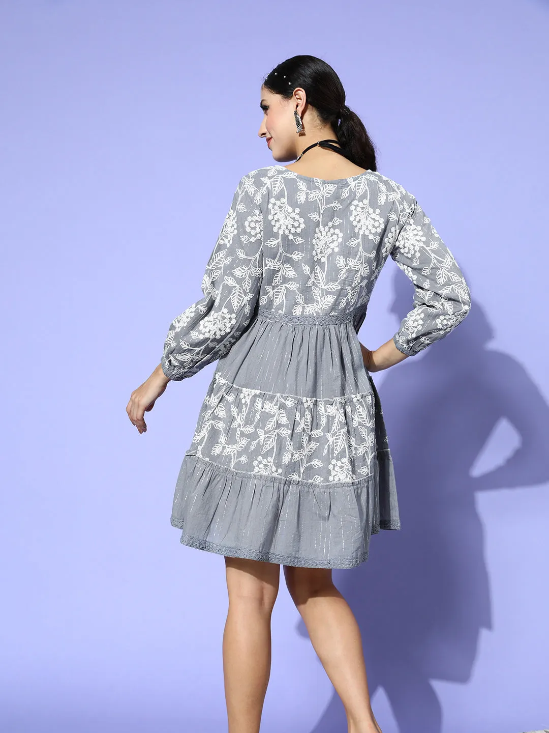 Ishin Women's Cotton Grey Embroidered A-Line Dress