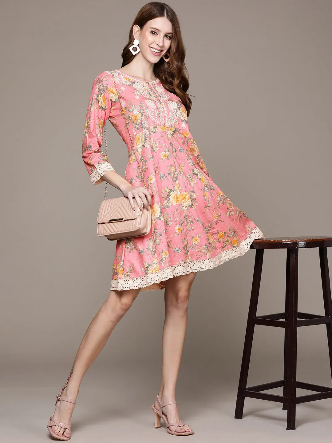 Ishin Women's Pink Embroidered A-Line Dress