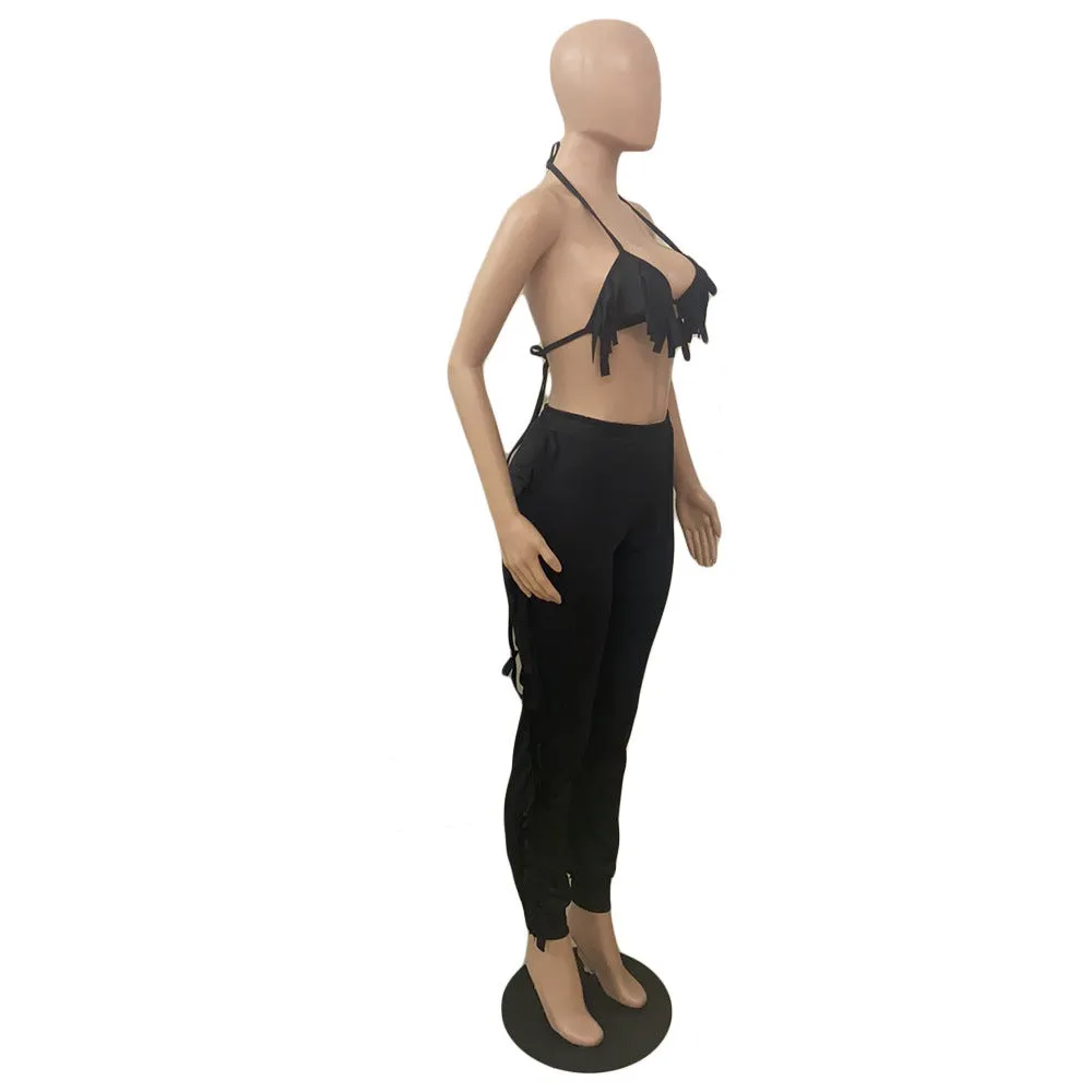 MB FASHOIN Fringe Halter Top and Jogger Pants Two-Piece Set 0134R L AND XL