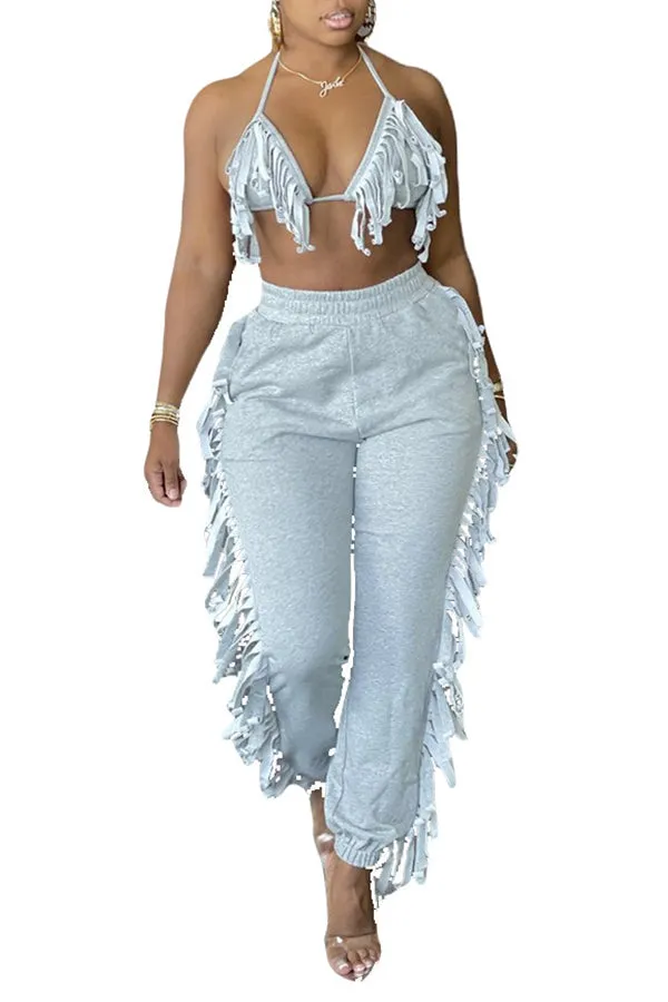 MB FASHOIN Fringe Halter Top and Jogger Pants Two-Piece Set 0134R L AND XL