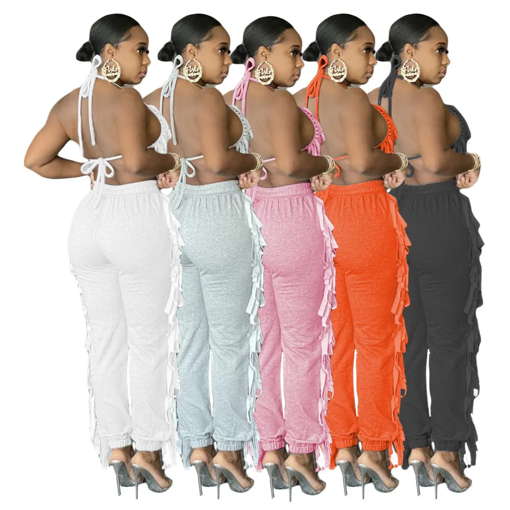 MB FASHOIN Fringe Halter Top and Jogger Pants Two-Piece Set 0134R L AND XL