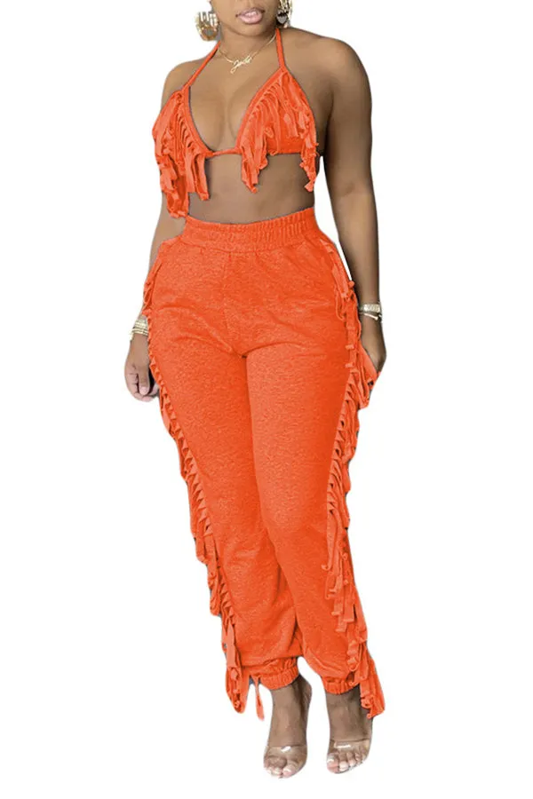MB FASHOIN Fringe Halter Top and Jogger Pants Two-Piece Set 0134R L AND XL