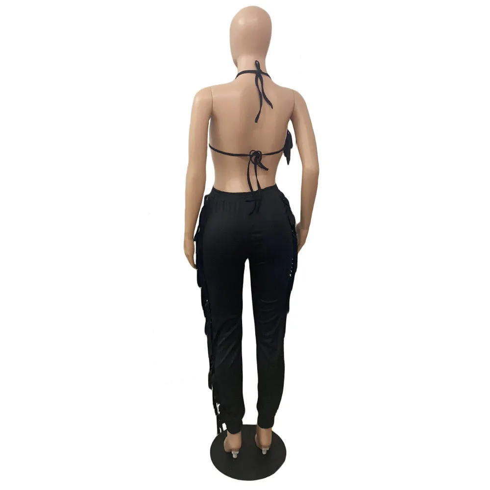MB FASHOIN Fringe Halter Top and Jogger Pants Two-Piece Set 0134R L AND XL