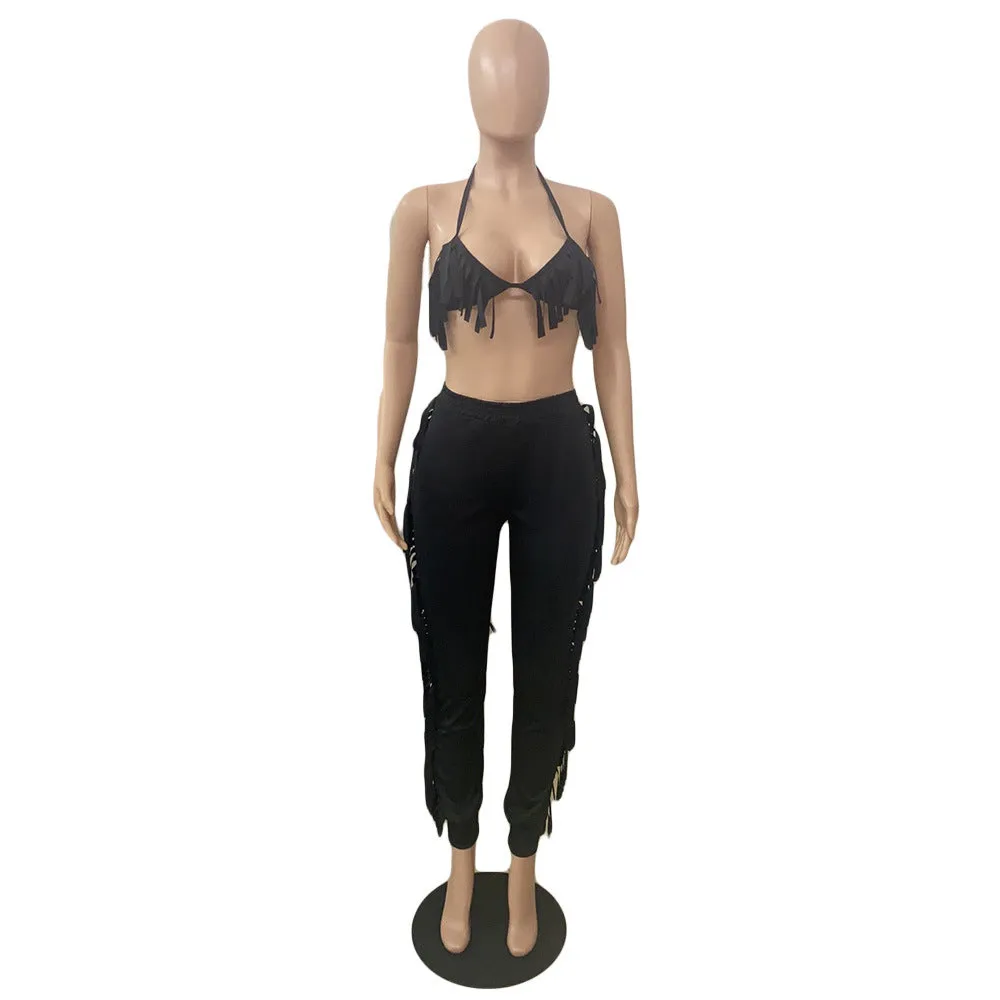 MB FASHOIN Fringe Halter Top and Jogger Pants Two-Piece Set 0134R L AND XL