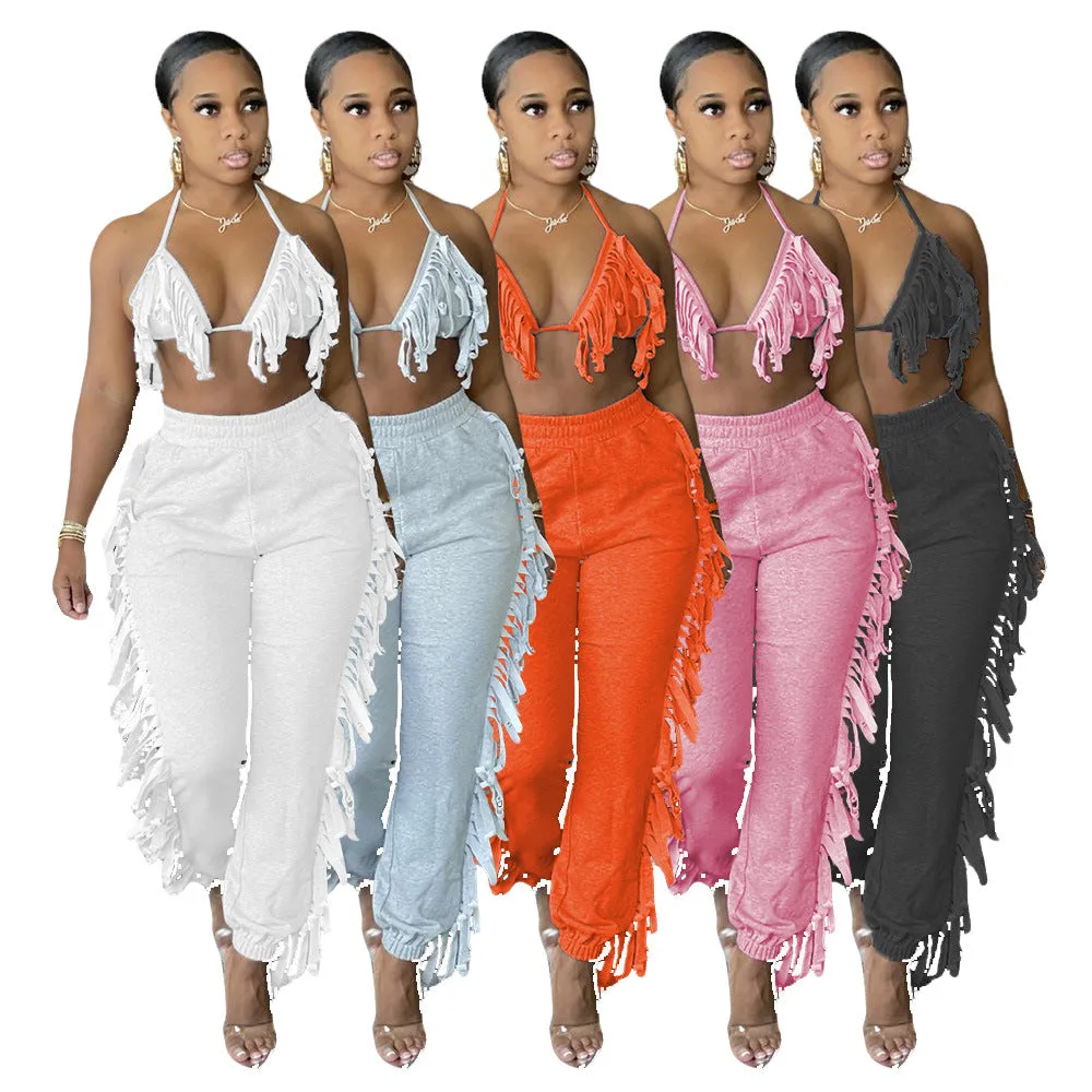 MB FASHOIN Fringe Halter Top and Jogger Pants Two-Piece Set 0134R L AND XL