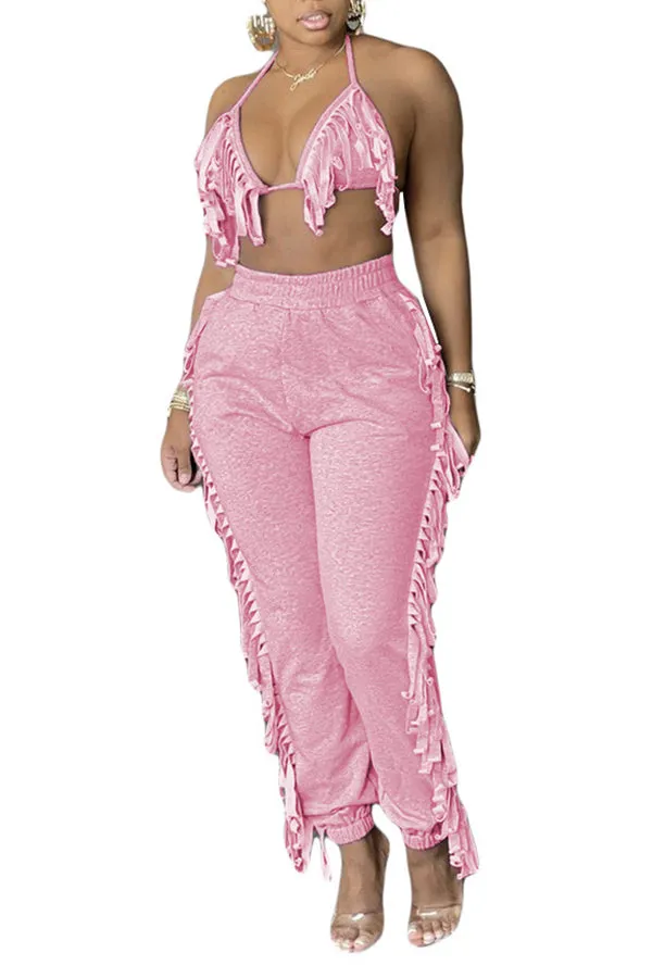 MB FASHOIN Fringe Halter Top and Jogger Pants Two-Piece Set 0134R L AND XL