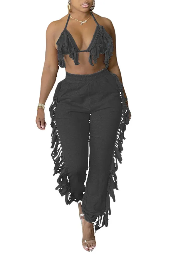 MB FASHOIN Fringe Halter Top and Jogger Pants Two-Piece Set 0134R L AND XL