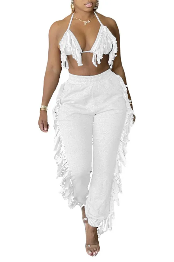 MB FASHOIN Fringe Halter Top and Jogger Pants Two-Piece Set 0134R L AND XL