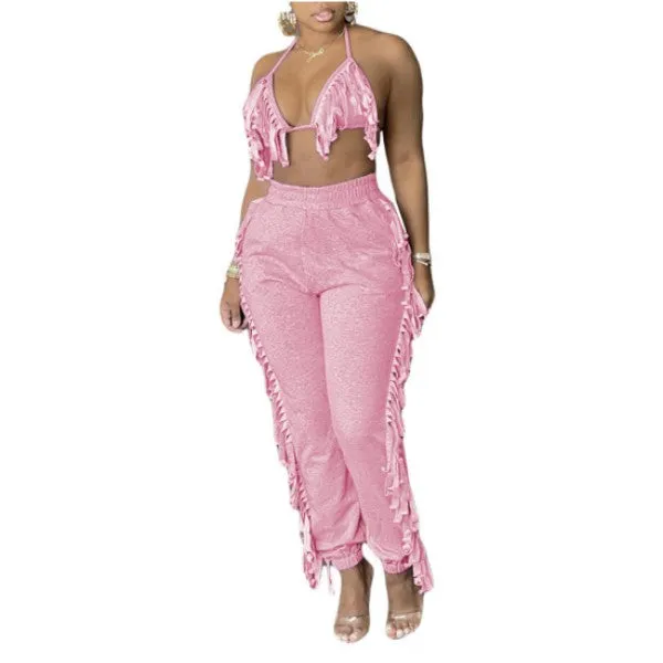 MB FASHOIN Fringe Halter Top and Jogger Pants Two-Piece Set 0134R L AND XL
