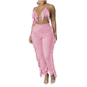 MB FASHOIN Fringe Halter Top and Jogger Pants Two-Piece Set 0134R L AND XL
