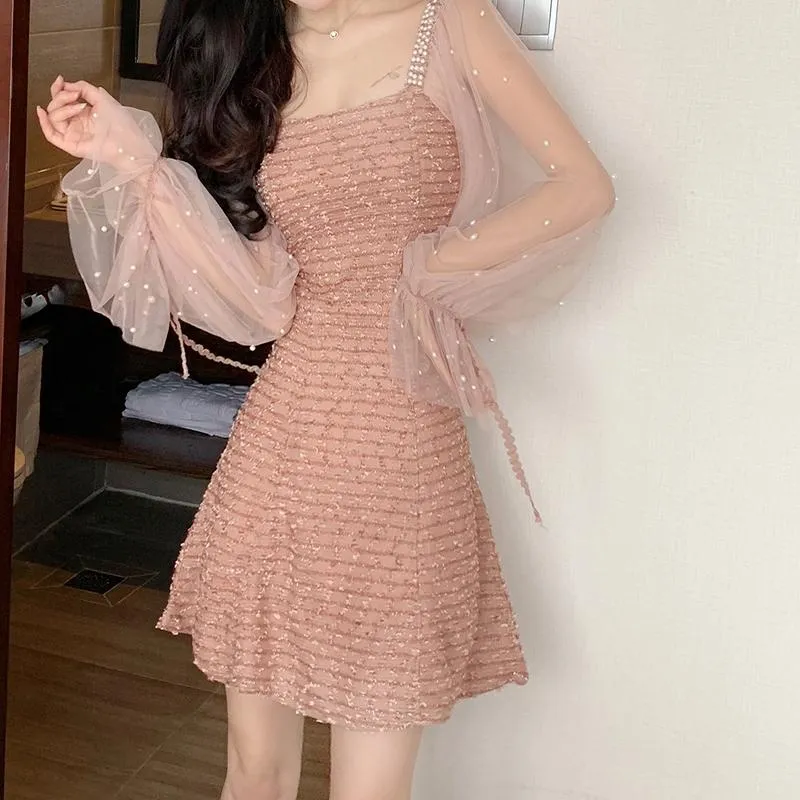 New Temperament Fashion Mesh Stitching Long Sleeve Dress