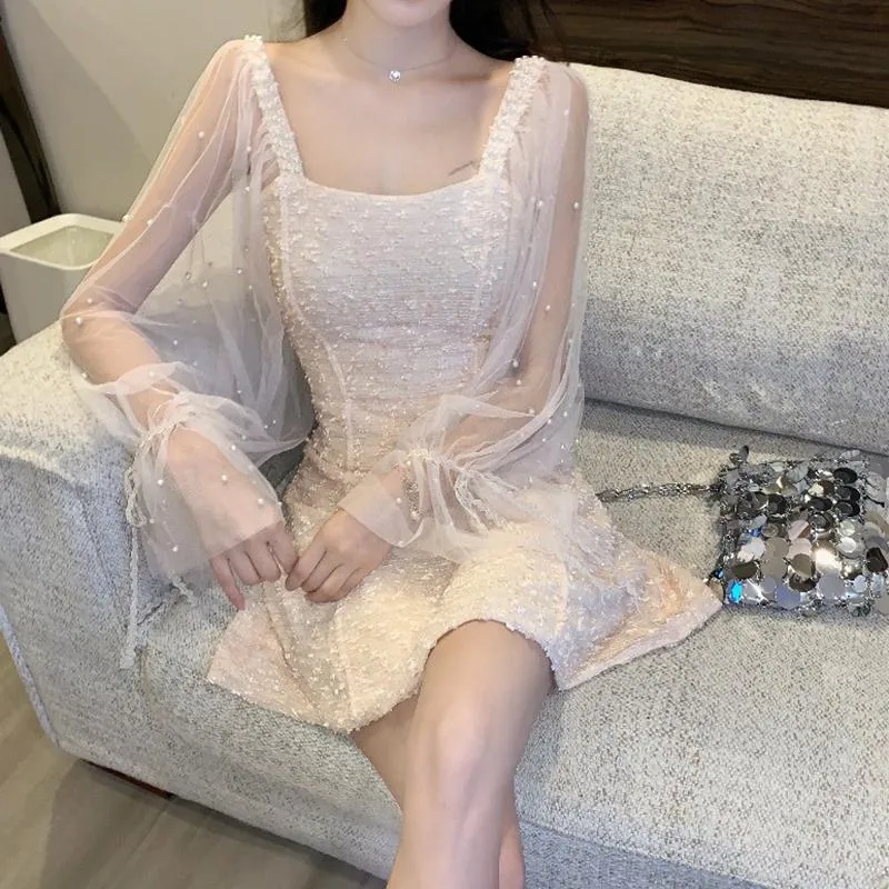 New Temperament Fashion Mesh Stitching Long Sleeve Dress