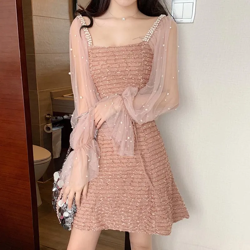 New Temperament Fashion Mesh Stitching Long Sleeve Dress
