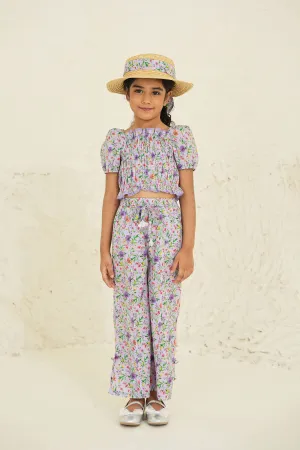 Nina Cotton Flower Print Girls Pants - Purple Garden