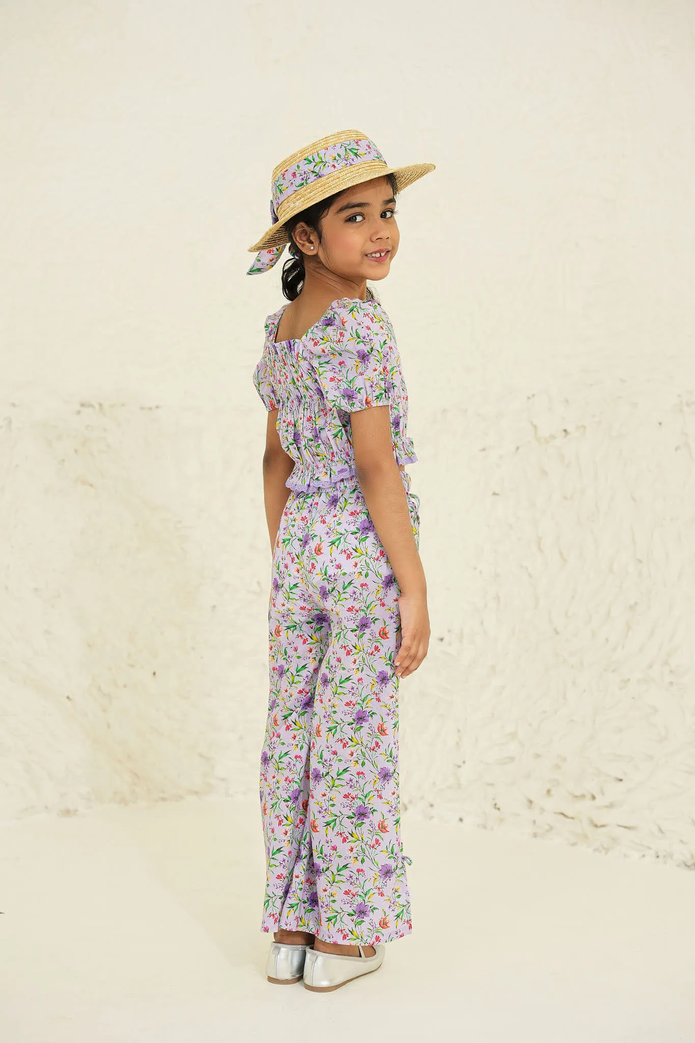 Nina Cotton Flower Print Girls Pants - Purple Garden