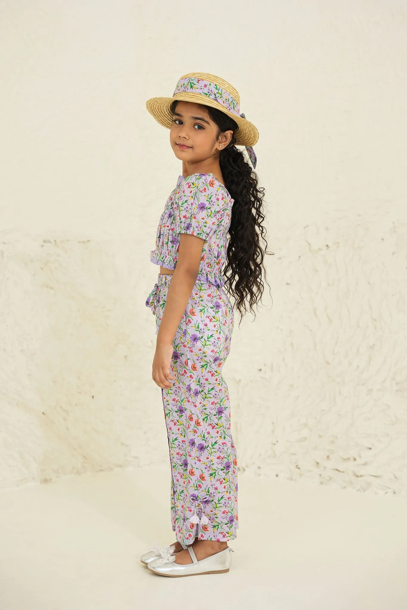 Nina Cotton Flower Print Girls Pants - Purple Garden