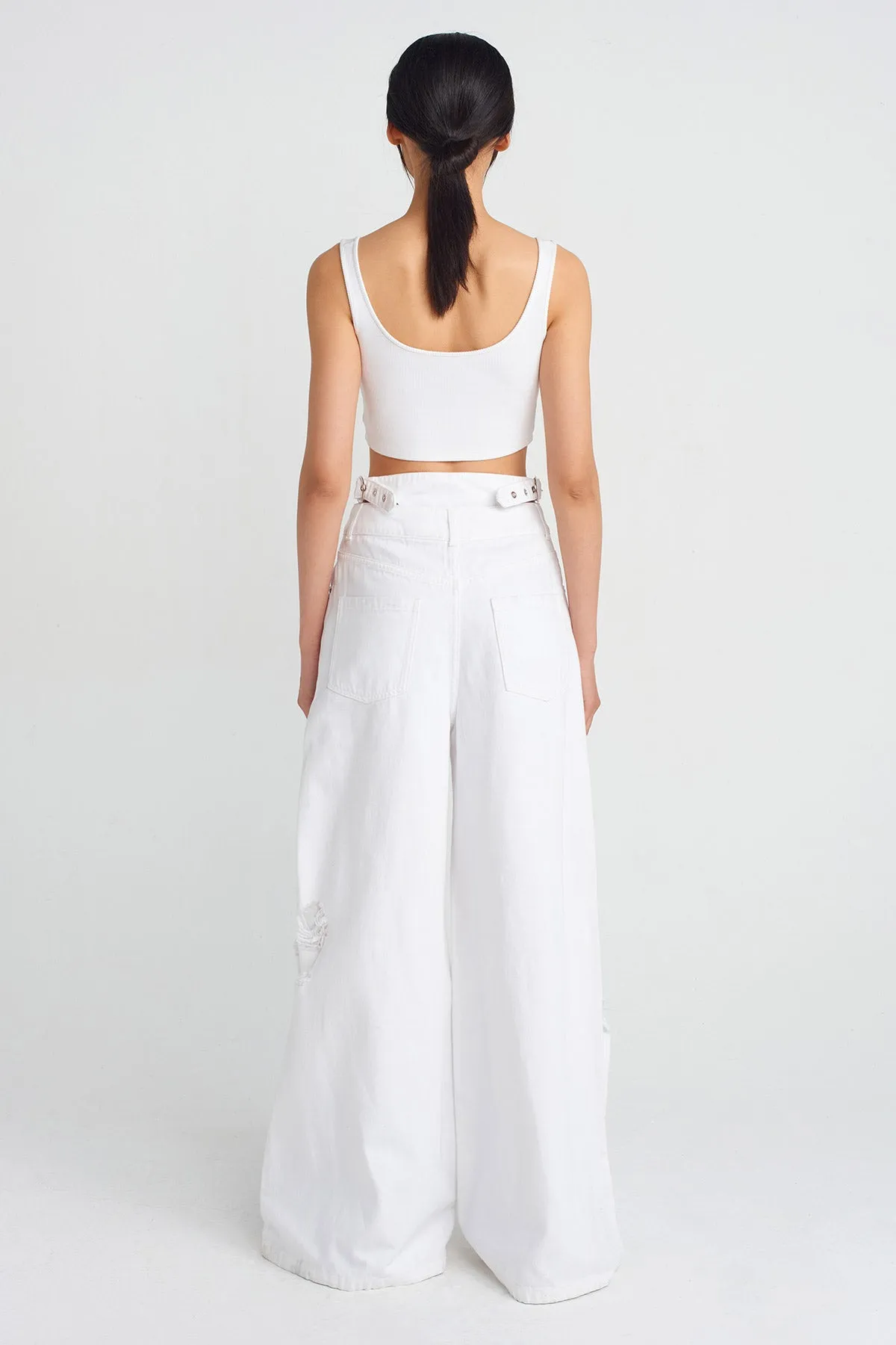 Nu Distressed Detail Denim Pants Off White