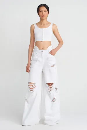 Nu Distressed Detail Denim Pants Off White