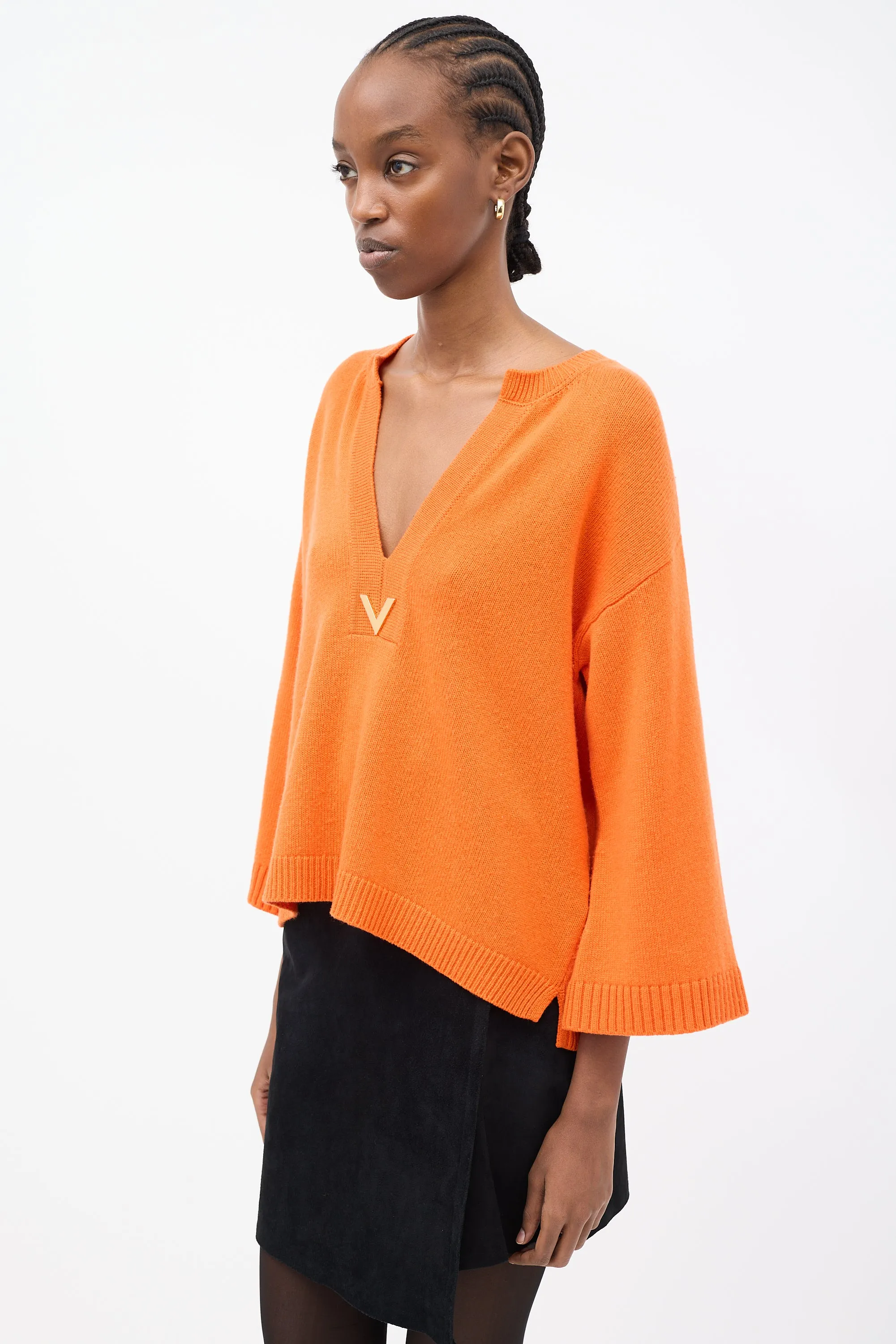 Orange Cashmere VGold Logo V-Neck Sweater