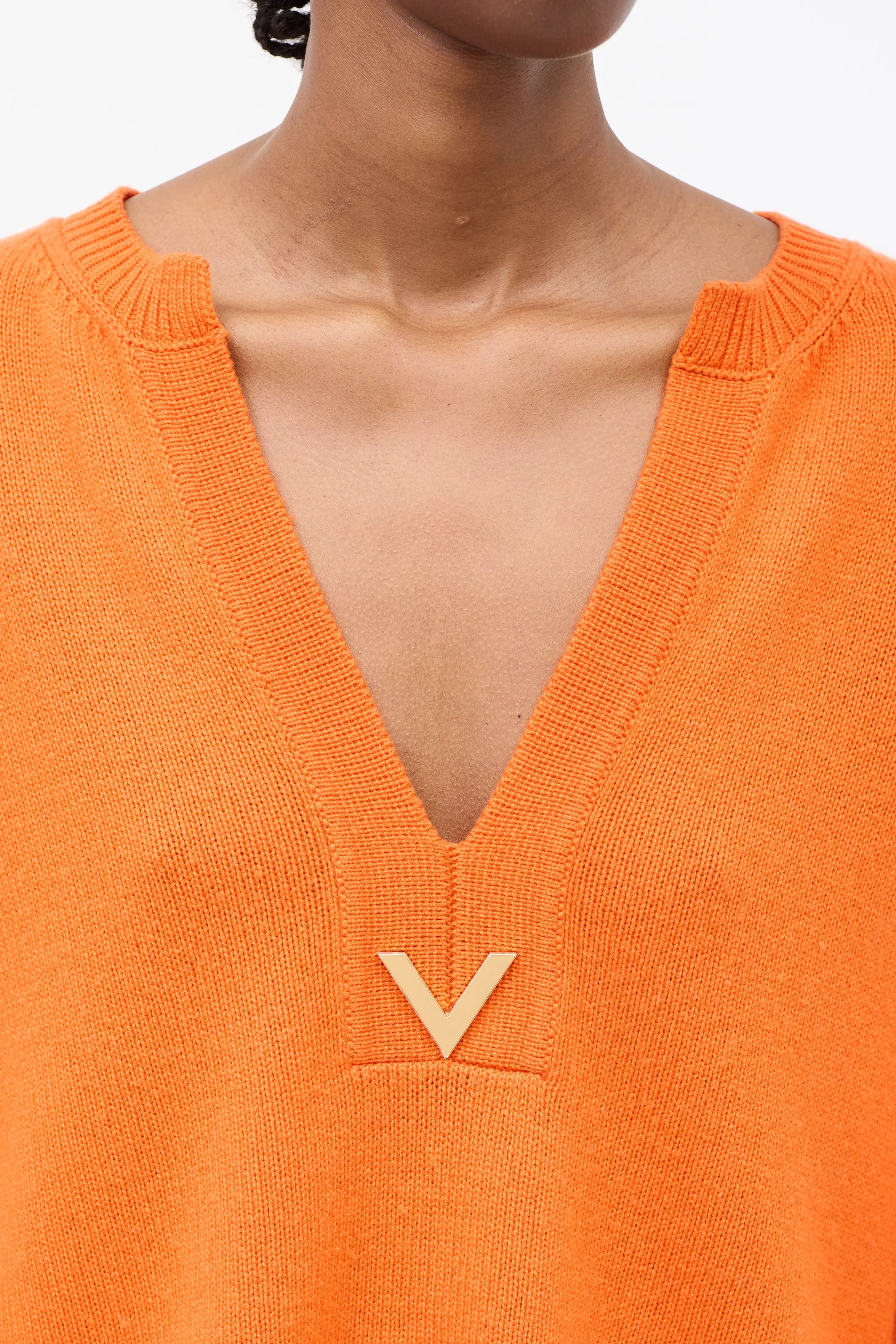 Orange Cashmere VGold Logo V-Neck Sweater