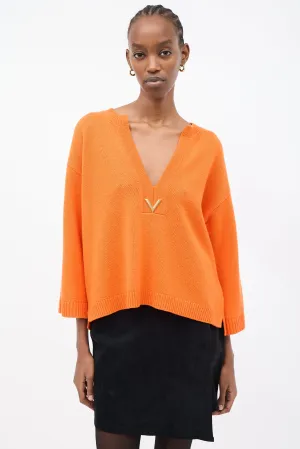 Orange Cashmere VGold Logo V-Neck Sweater