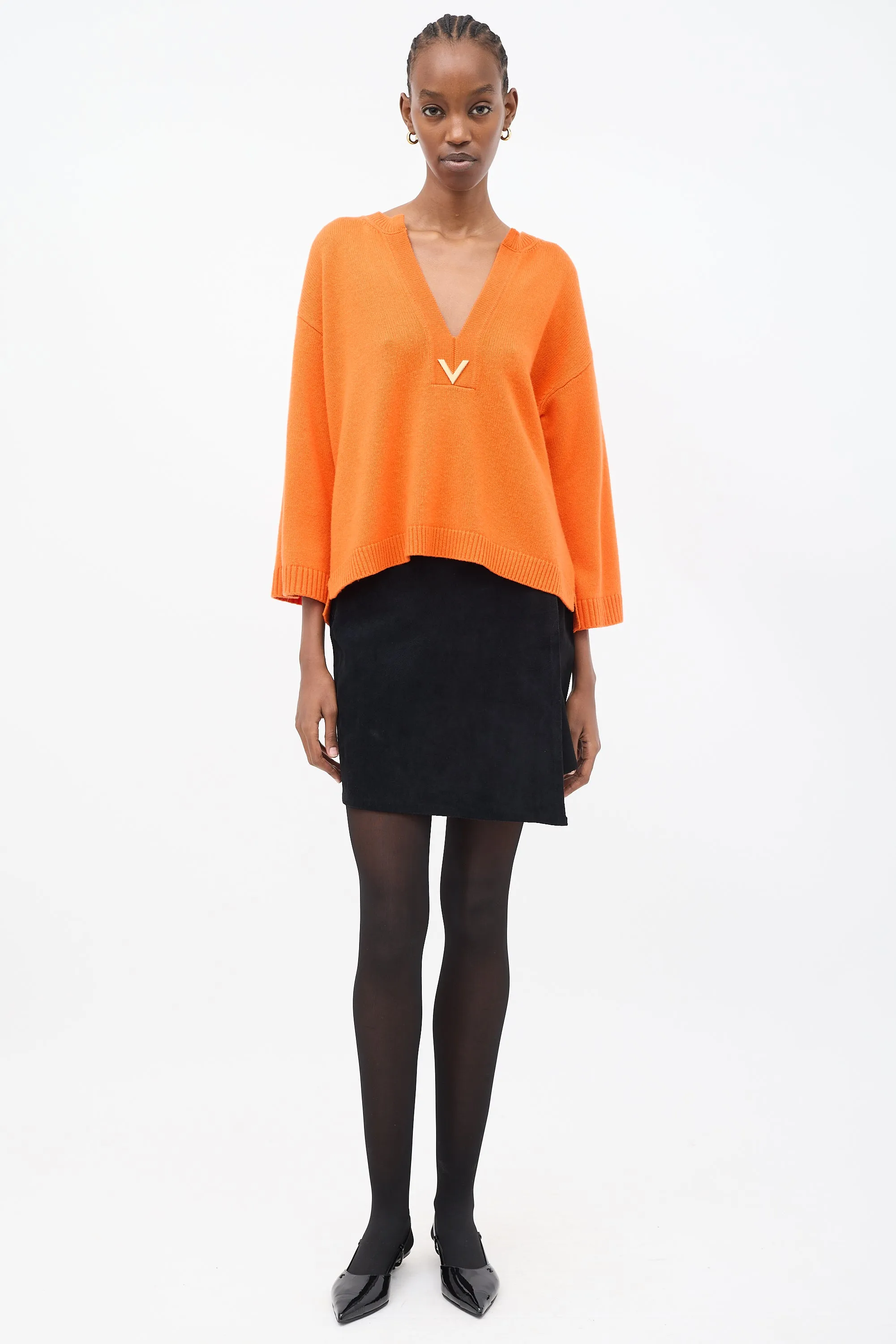 Orange Cashmere VGold Logo V-Neck Sweater