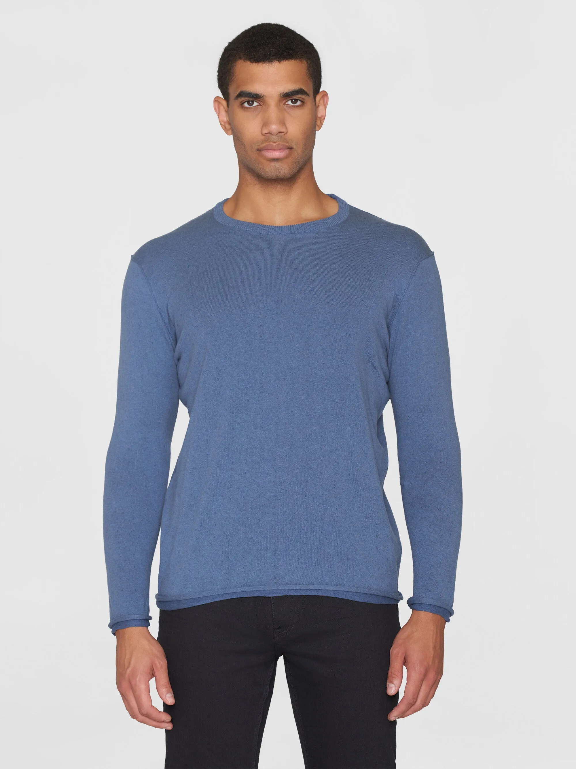 Regular double layer cotton mix rolledge crew neck knit - GOTS/Vegan - Moonlight Blue