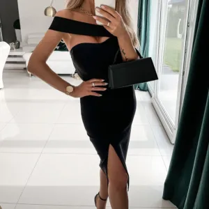 Solid Asymmetrical Off Trendy Shoulder Slim Evening Dress